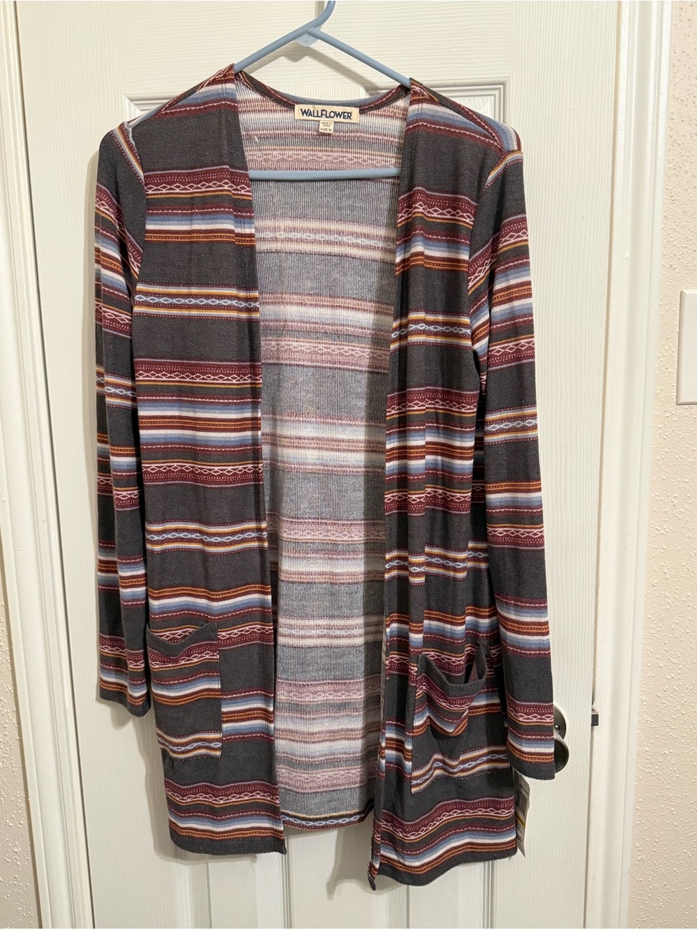 Wallflower Gray Cardigan with Rust, Blue & Pink Stripes NWT medium